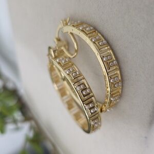 Gold Filled Hoop Earrings Greek Key Design with Pearl Accent